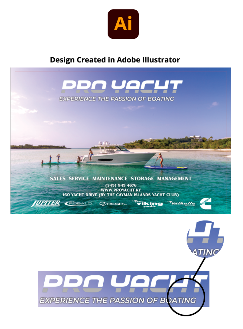 Custom branding and graphics for Pro Yacht, designed and produced by K&R Solutions Group for premium maritime presentation.